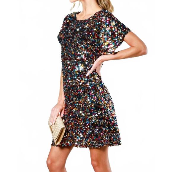 NEW PINKBLUSH bright sequin boat neck mini dress in black multi - Picture 2 of 4